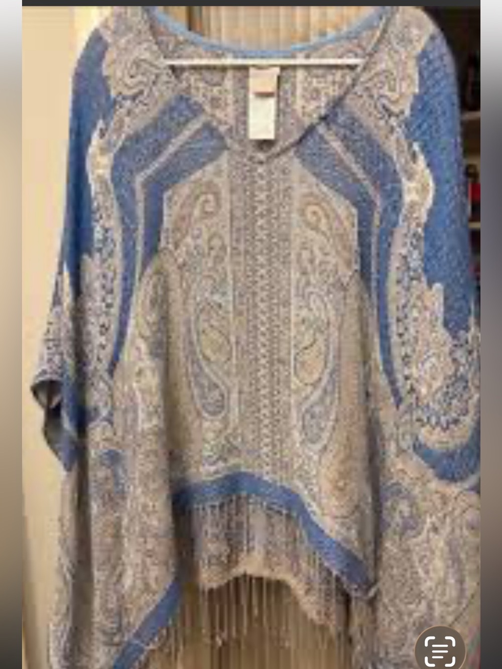 Chico's Blue and Cream Paisley Fringe Poncho